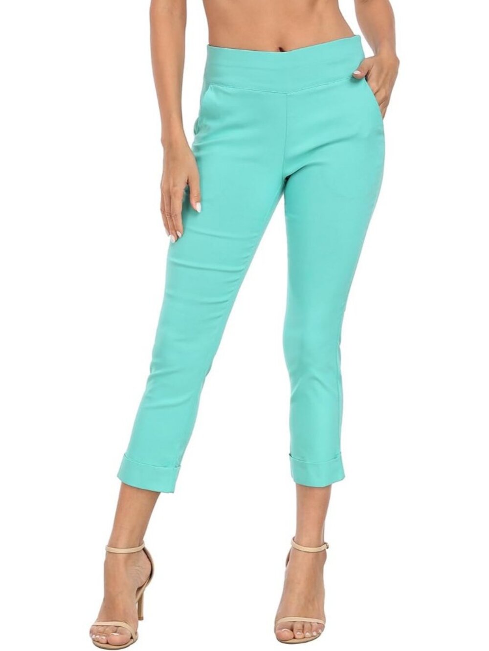 Women's Turquoise Capri Pants Pull On Elastic Waist Cropped Pants With Pockets